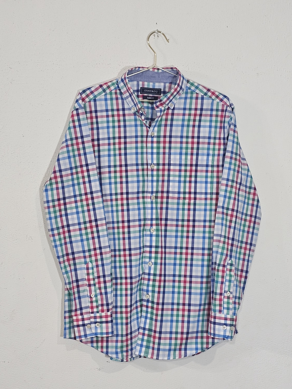 Crown & Ivy Red White Blue Plaid Mens L Stretch Button Up Shirt Preppy Multicolo